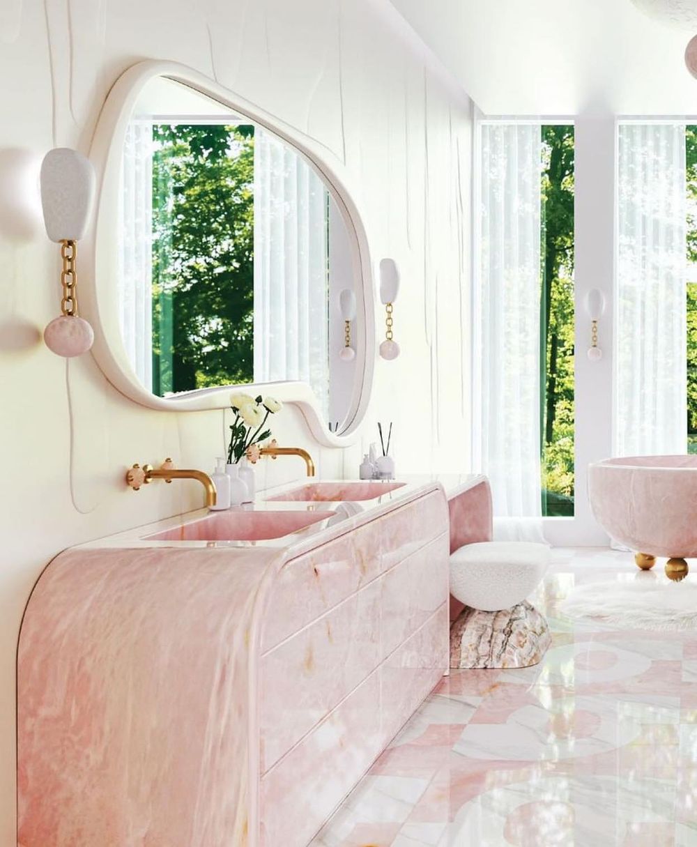 Pink bathroom marble vanity carawoodhouseinteriors