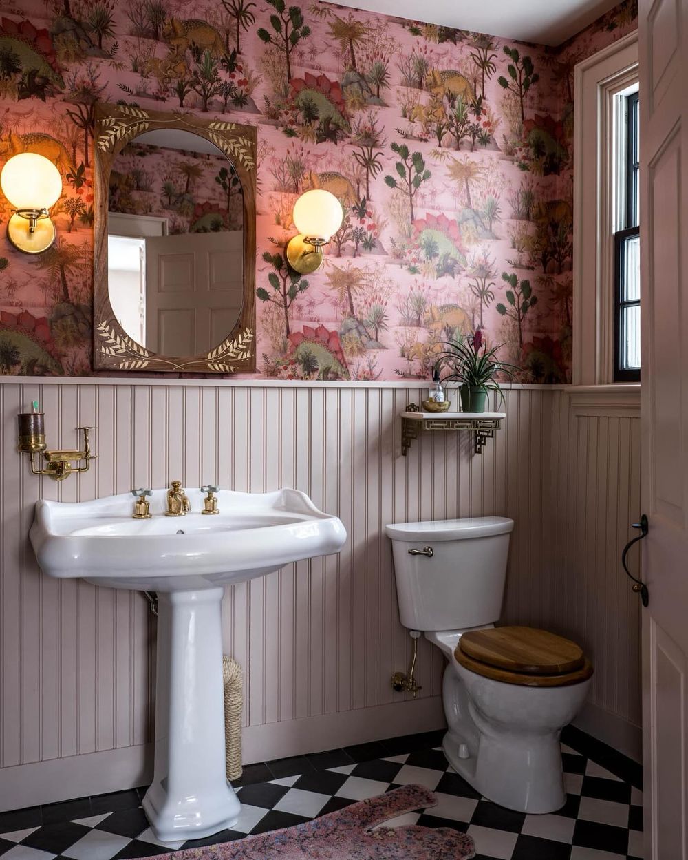 Pink bathroom wallpaper and beadboard ideas @hamiltongraystudio