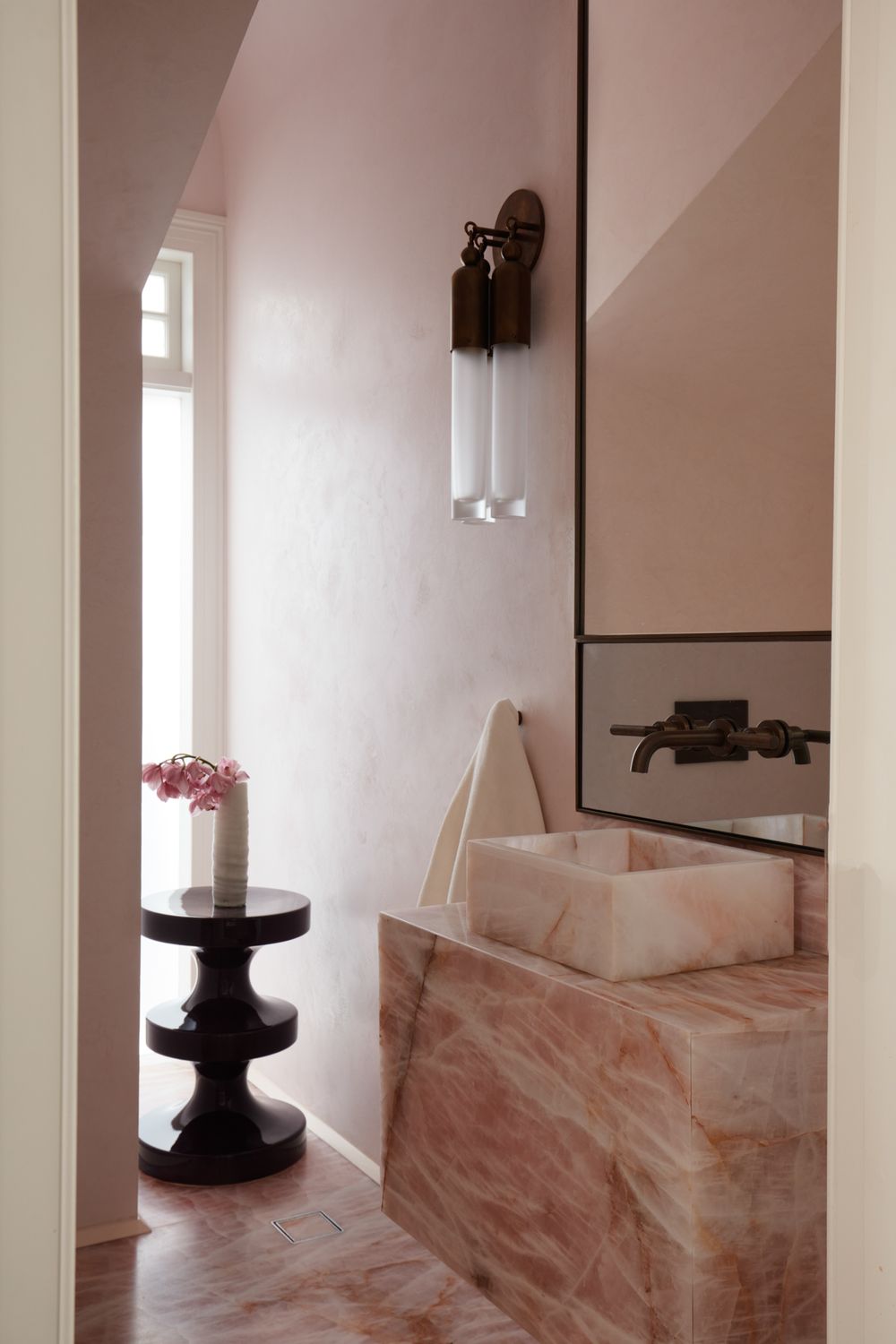 Pink bathrooms marble vanity vessel sink Luigi Rosselli Architects Alwill Interiors