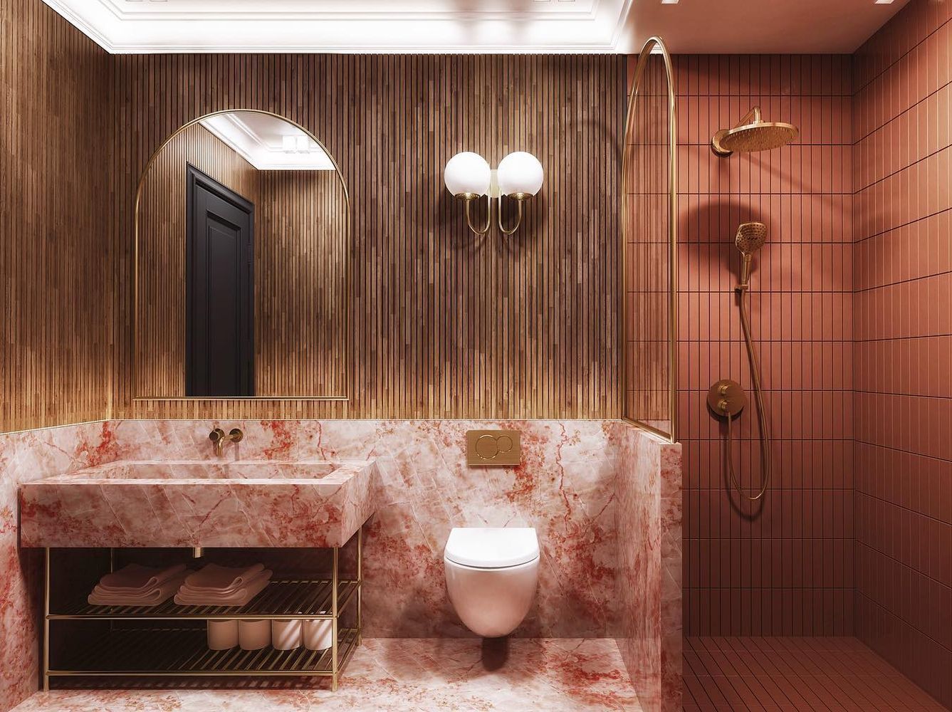 Pink onyx marble with wood paneling bathroom gulmeninteriors
