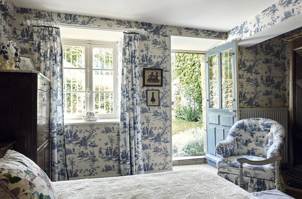 Office with Blue Toile Wallpaper and Leather and Lucite Chair   Transitional  Denlibraryoffice