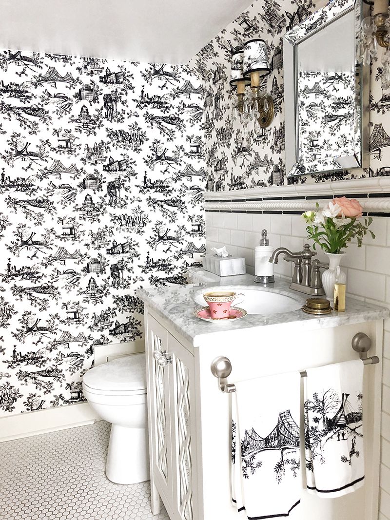 Toile wallpaper bathroom ideas Mezari Atelier