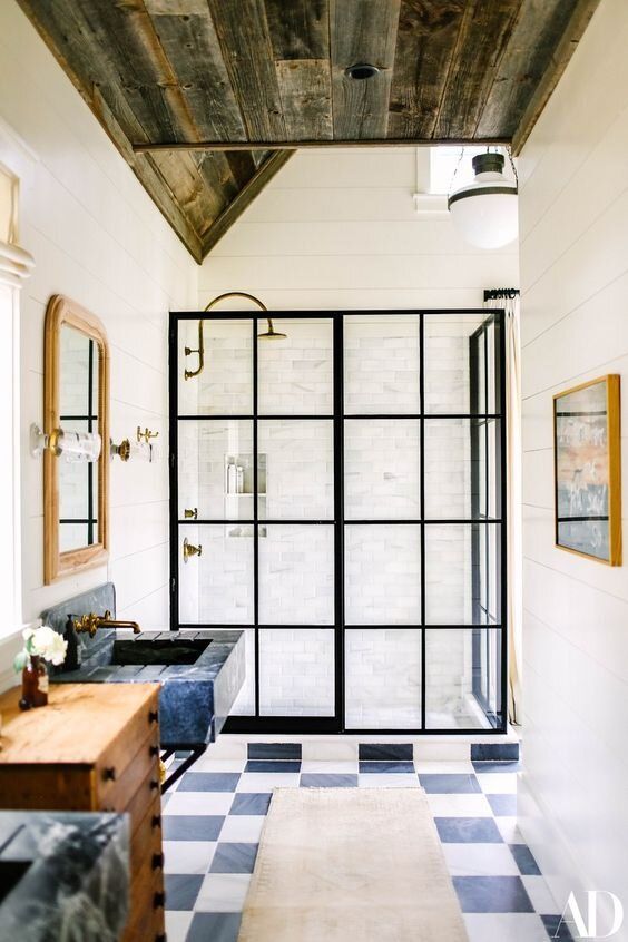 Checkered floors bathroom via AD