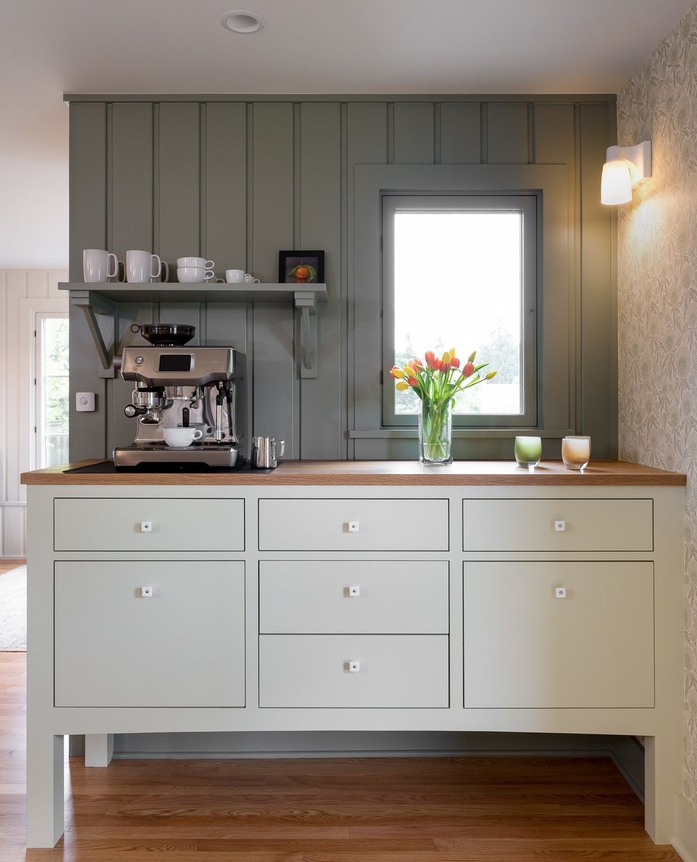 Coffee bar station sage green paint JAS Design Build