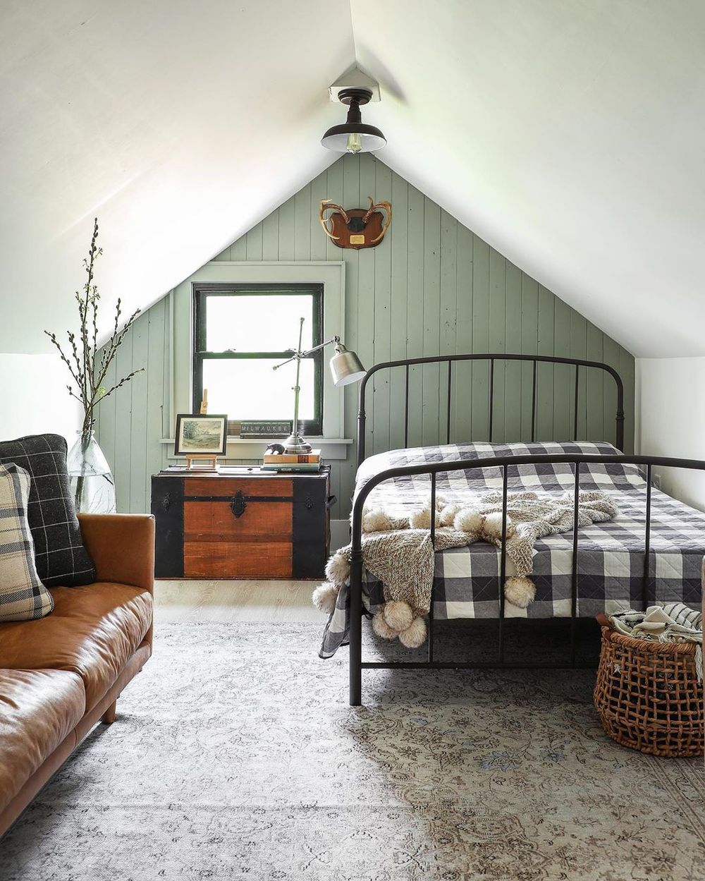 Country Bedroom with accent wall and iron headboard via @ispydiy