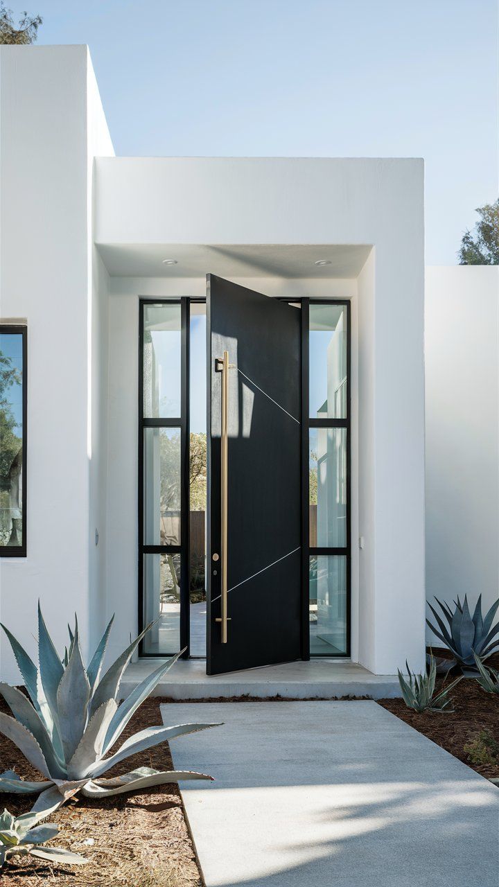Black Steel front door on a modern white California home concept