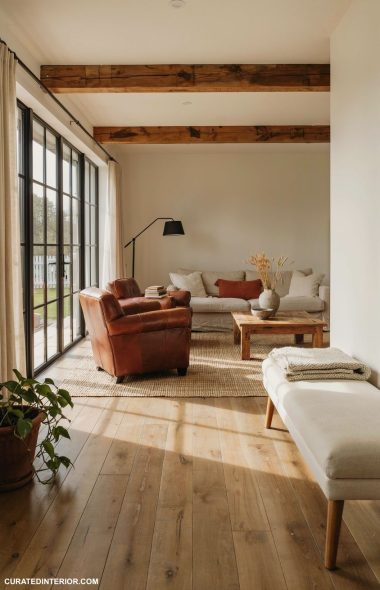 Cream bench in modern farmhouse living room curatedinterior
