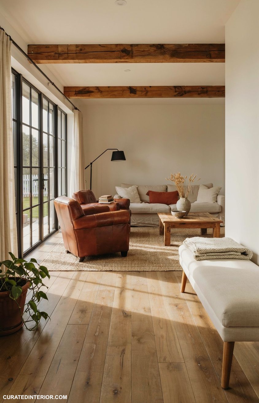 Cream bench in modern farmhouse living room curatedinterior