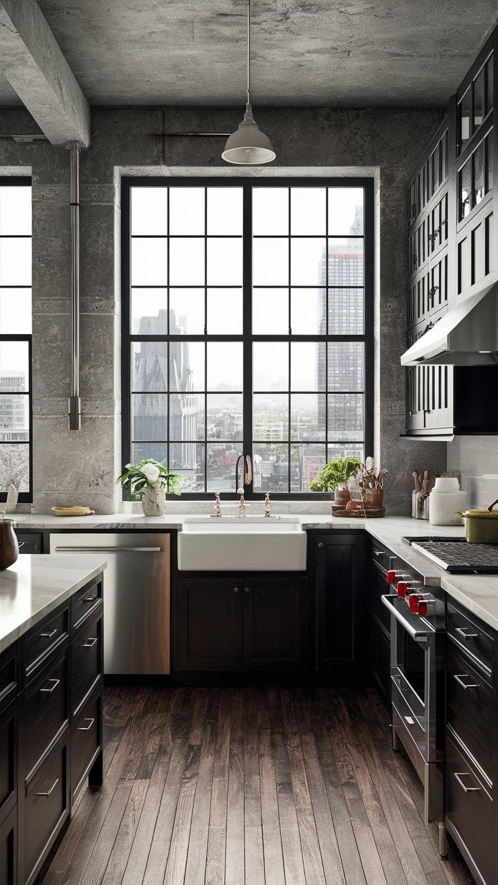 Industrial style kitchen concrete ceilings