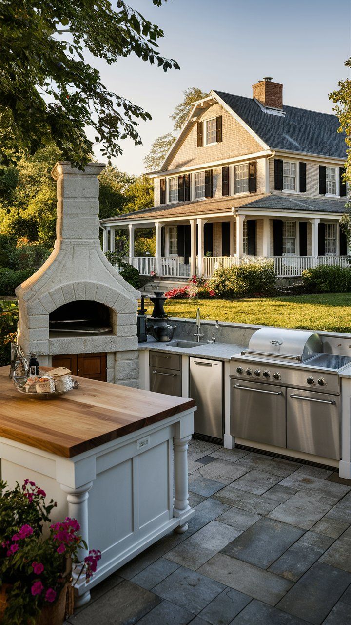 Outdoor kitchen design near traditional home concept