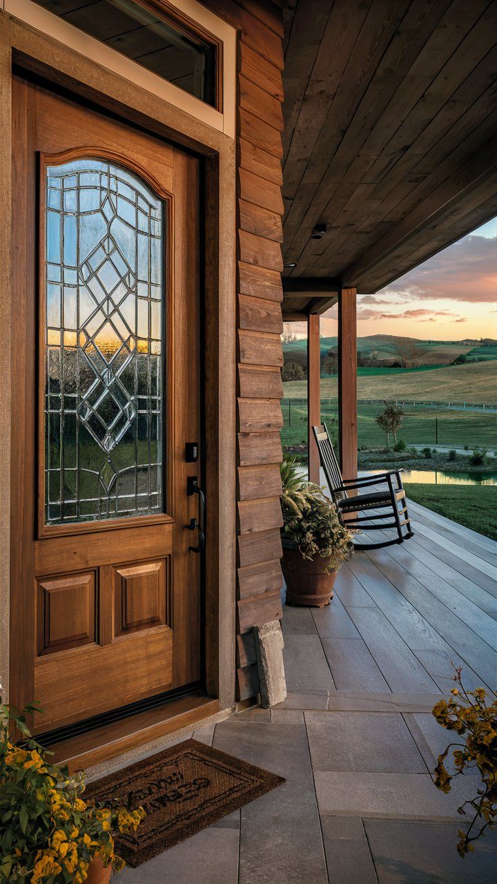 Wood front door modern farmhouse country home concept