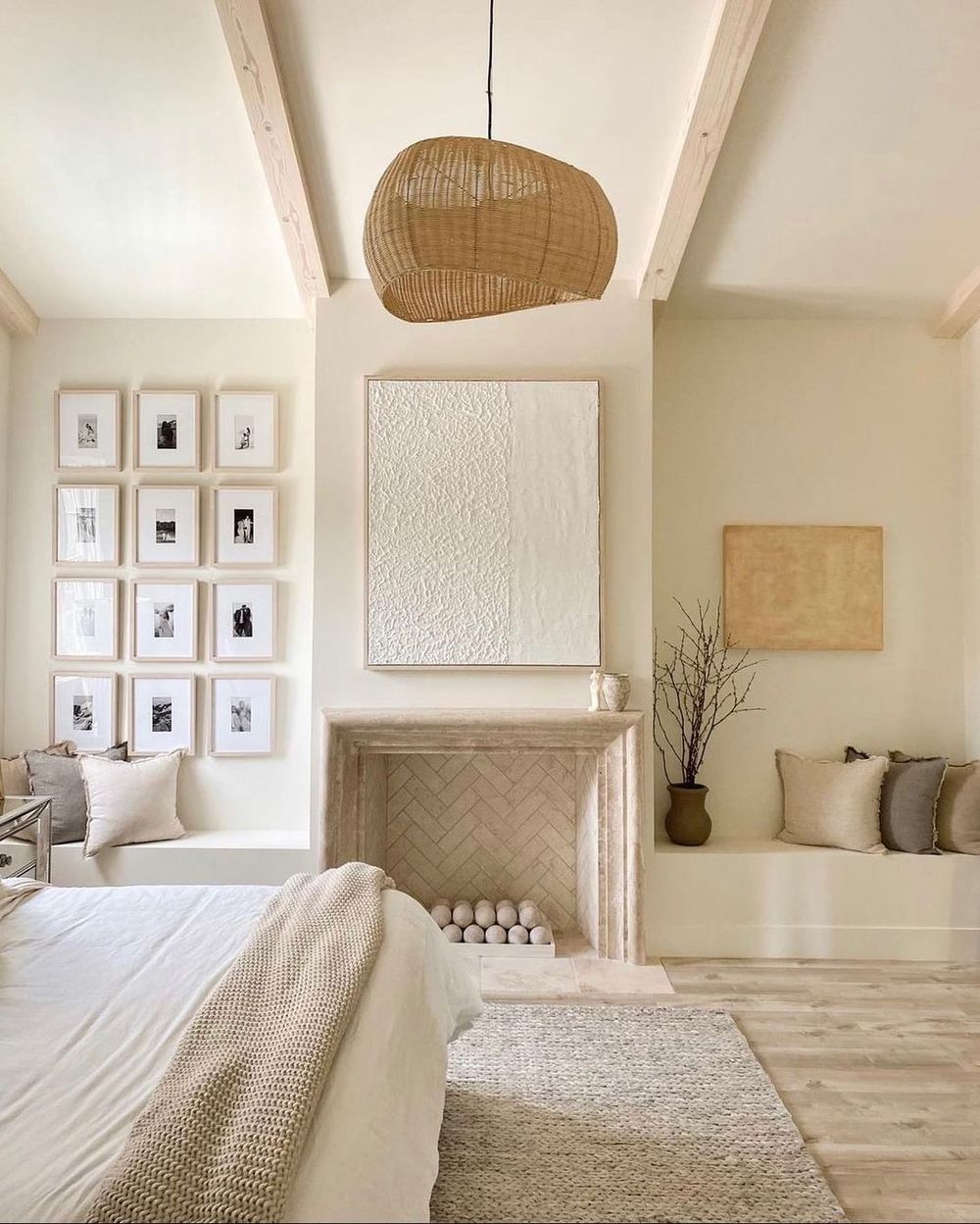 Beige Bedrooms Stone Fireplace @jessimalay