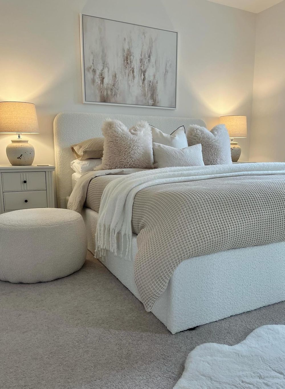 Beige interior Bedroom layered textiles fluffy _myhomeinspo_