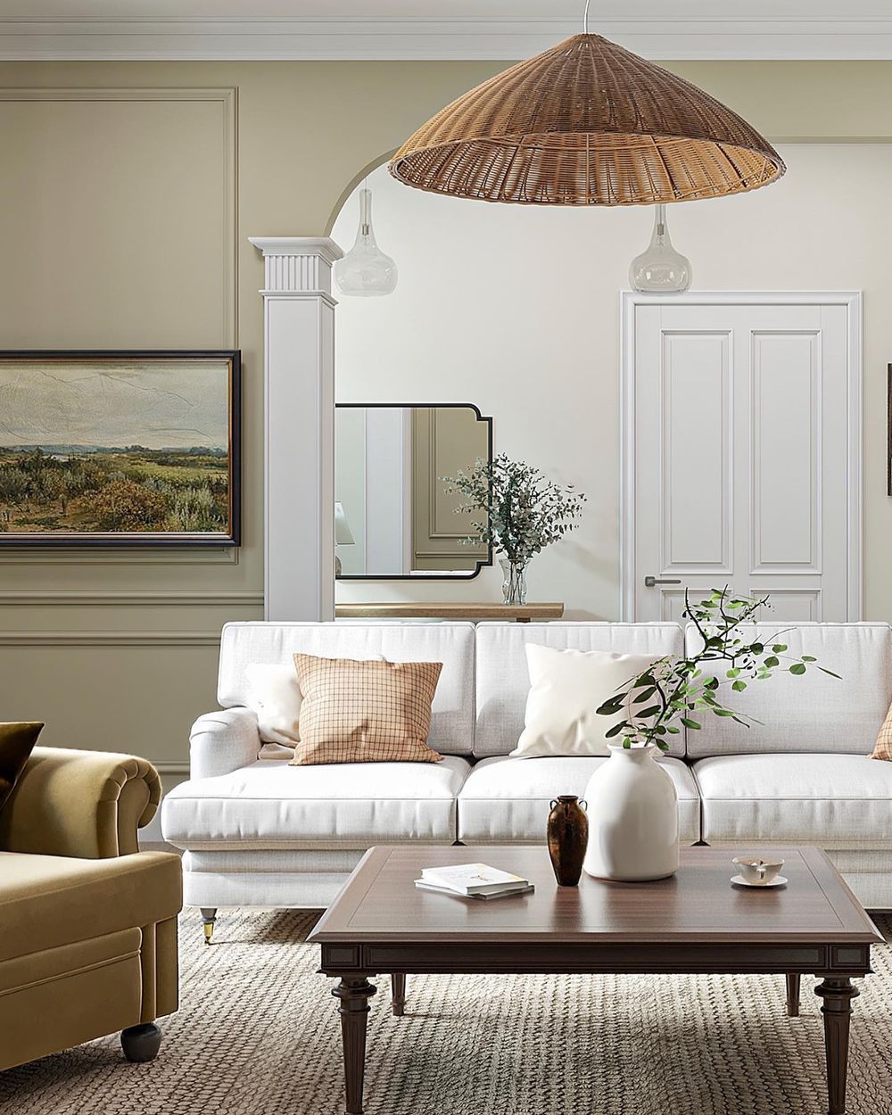 Traditional Living Room with Sage Green walls topologyinteriors