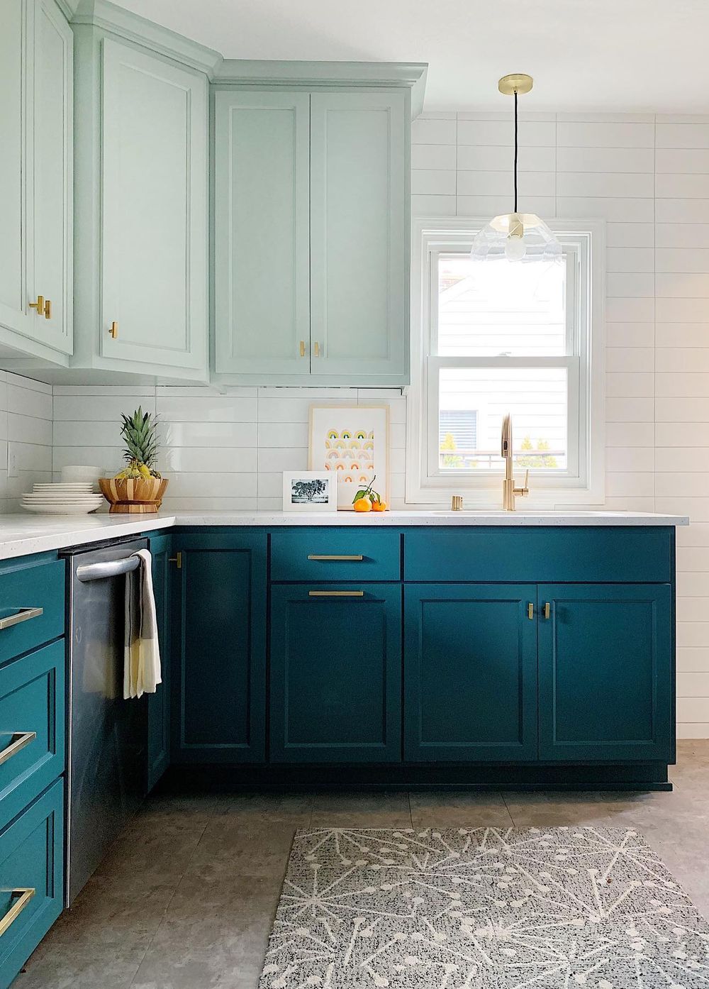 Popular kitchen cabinet colors - Two-toned kitchen cabinet ideas blue turquoise @foxhomesmn