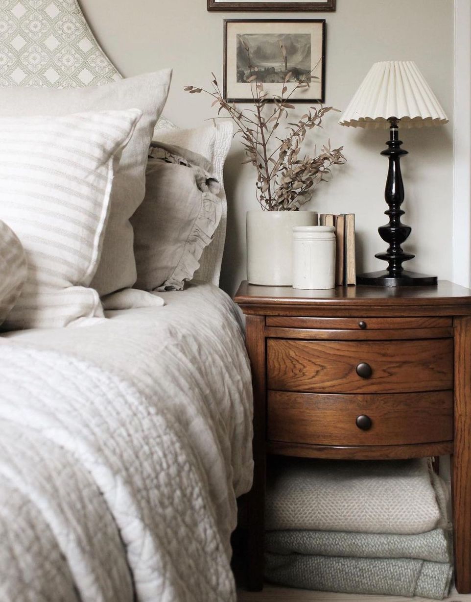 Cottage bedroom wood furniture linen sheets harnhamhouse