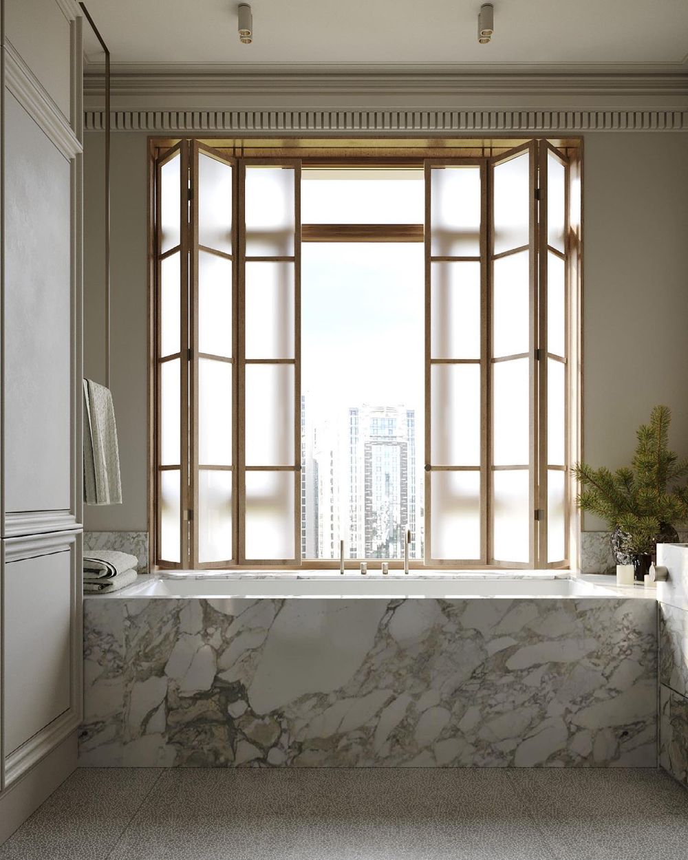 Marble bathtub brass bifold window @hdm2_architect