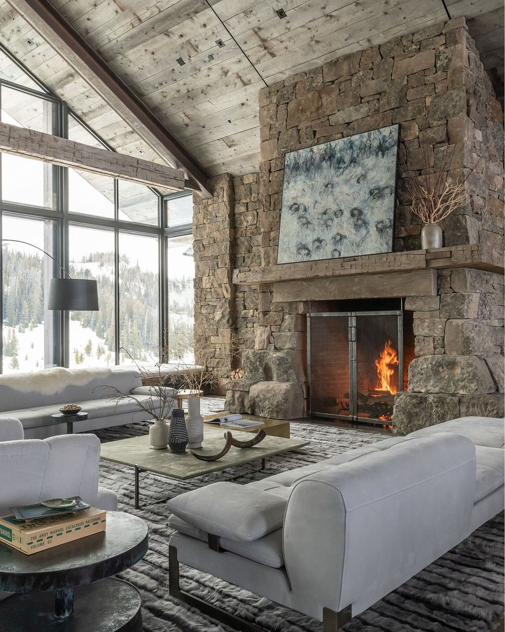 Mountain home living room gray sofa pearsondesigngroup