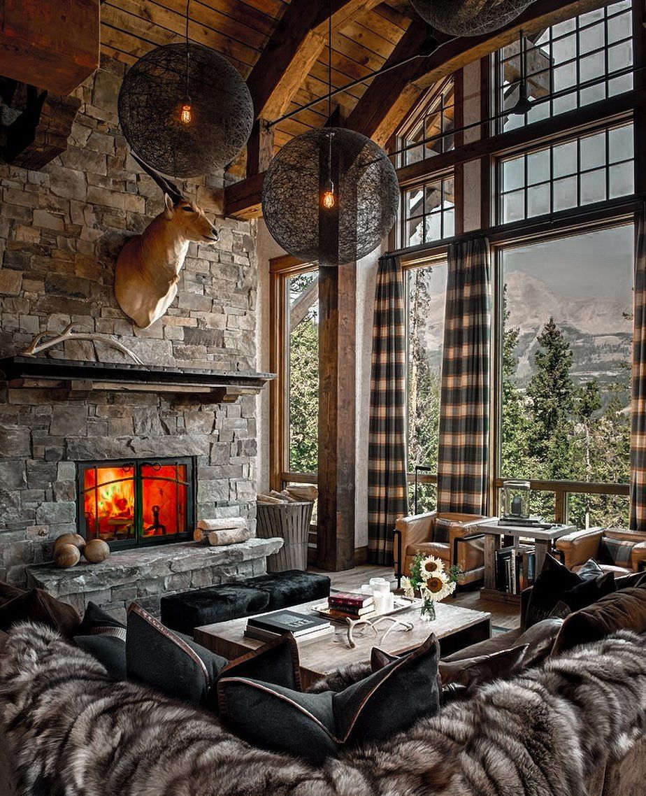 Mountain home living room stone fireplace @wkphotography