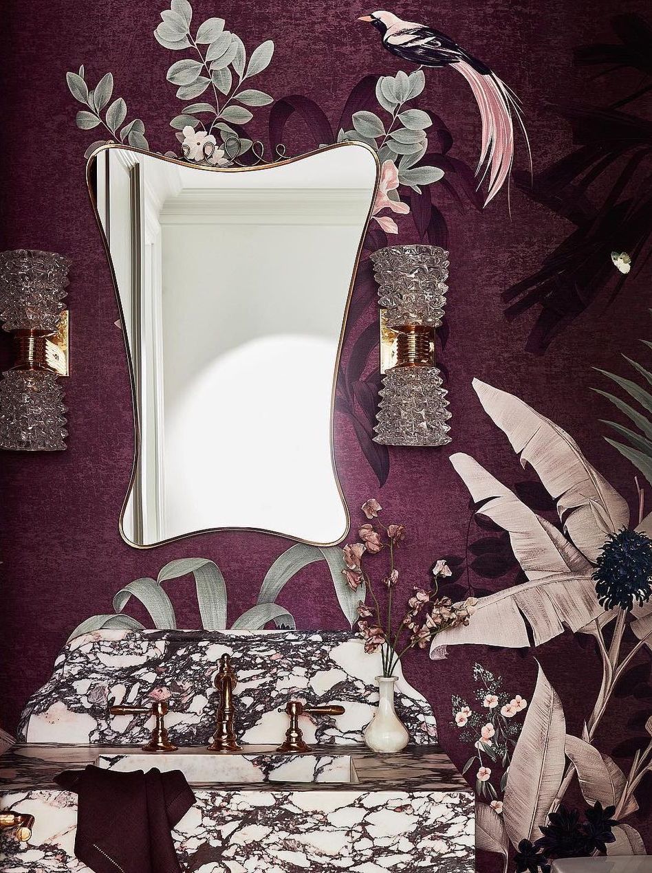 Plum bathroom wallpaper and viola marble sink lauren_nelson_design
