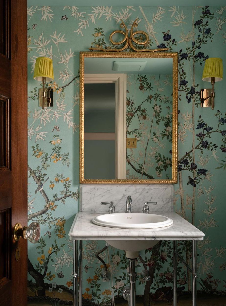 Bathroom wallpaper ideas Blue trees amiecorleyinteriors