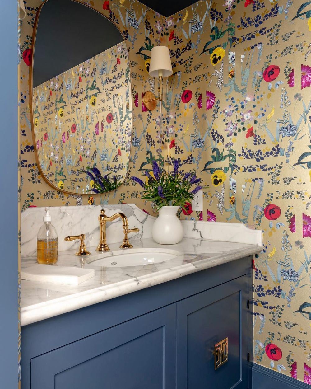 Bathroom wallpaper ideas Colorful flowers on gold ashleygoforth