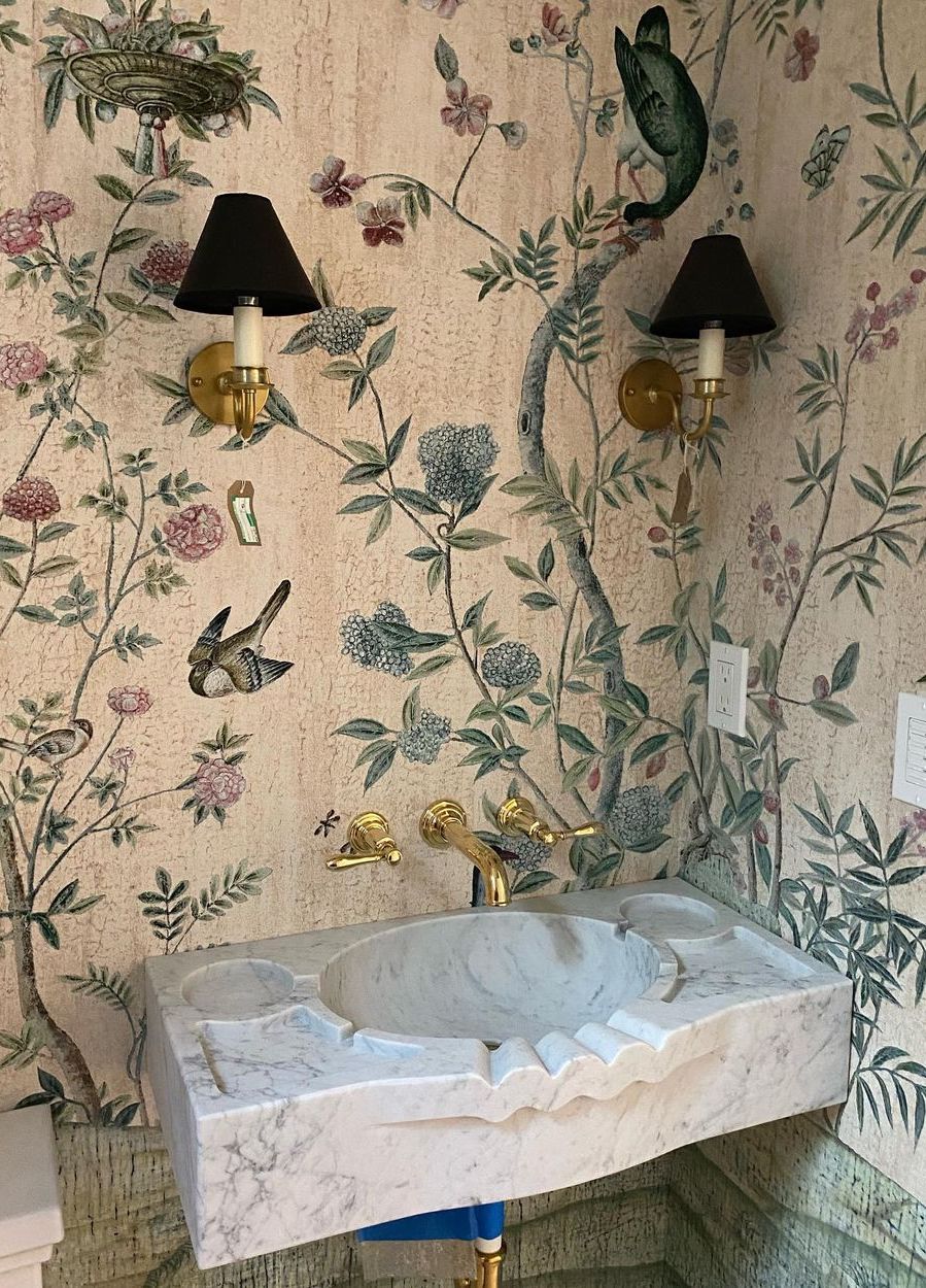 Bathroom wallpaper ideas Vintage nature marble sink heidicaillierdesign