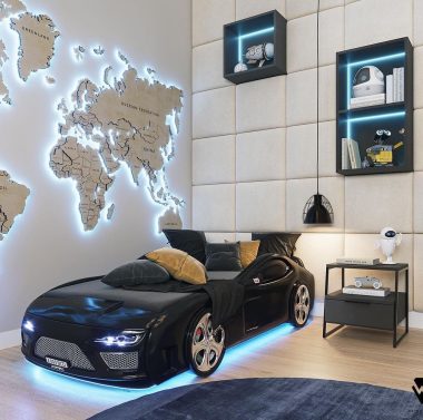 Boys bedroom decor Car bed and World Wall Map @wewnetrzu