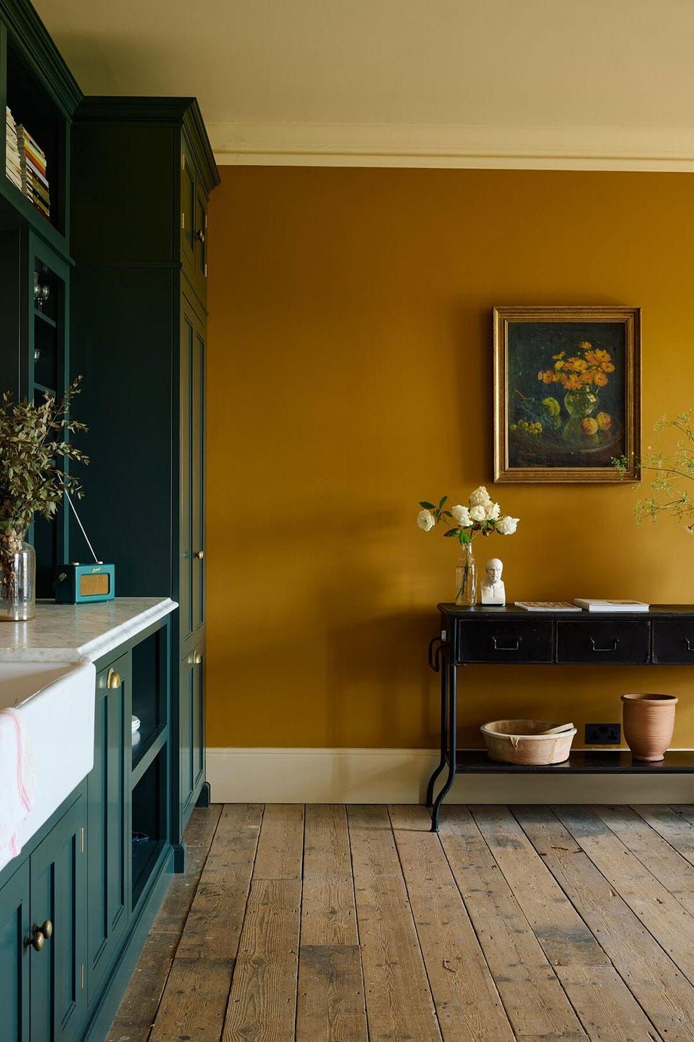Chartreuse wall paint rustic english kitchen design DeVol