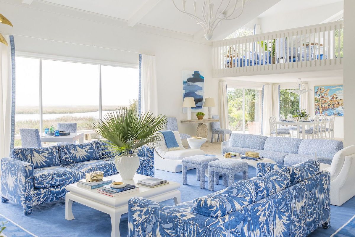 Coastal beach home Blue living rooms megbraffdesigns