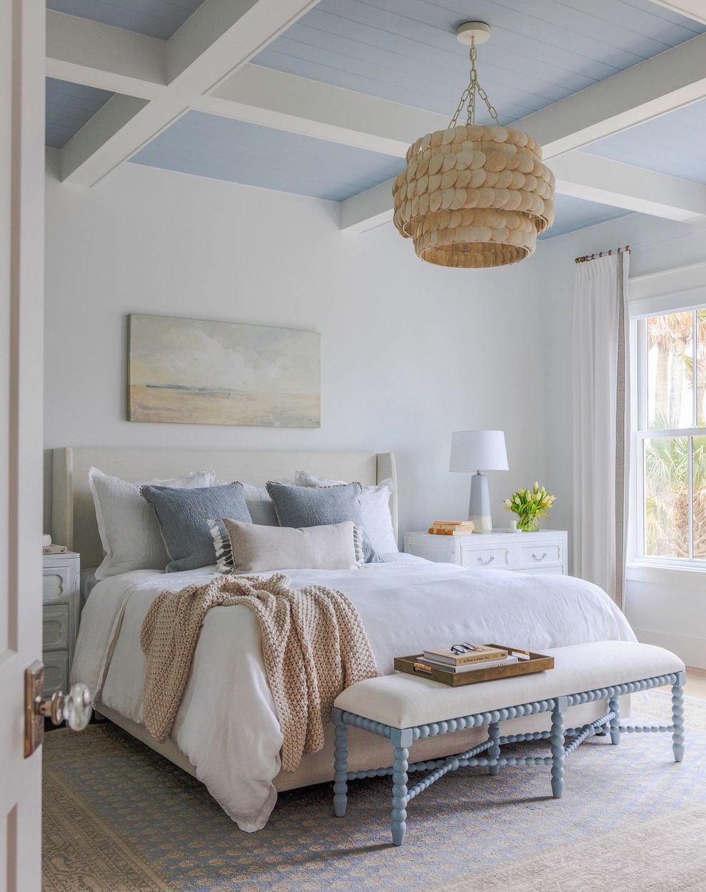 Coastal ceiling ideas Coffered blue and white beams @nestingplaceinteriors