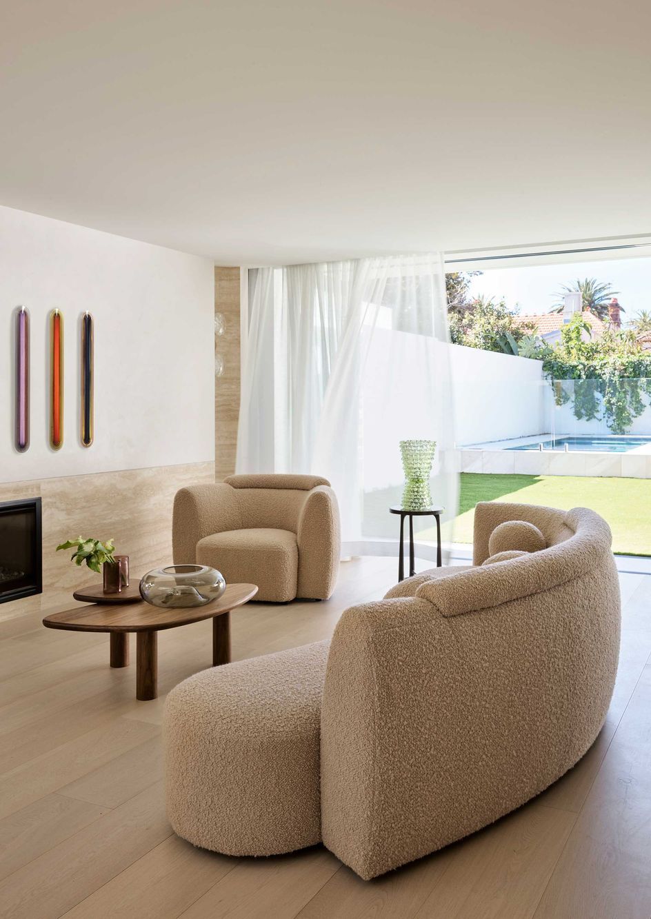 Curved sofa beige boucle living room ideas ninamayainteriors