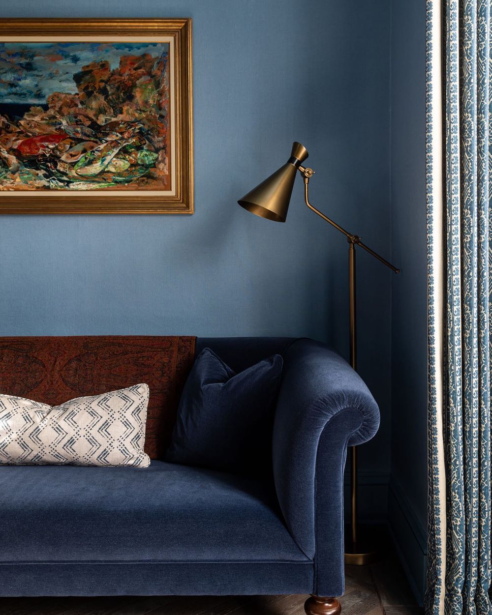 Moody blue living room sofa walls @ottadesign
