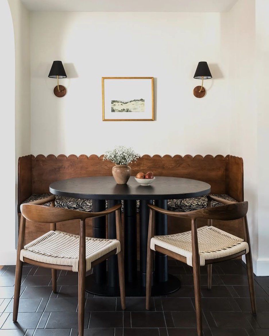 Neutral breakfast nook brown wood wall panels @shannontateinteriors