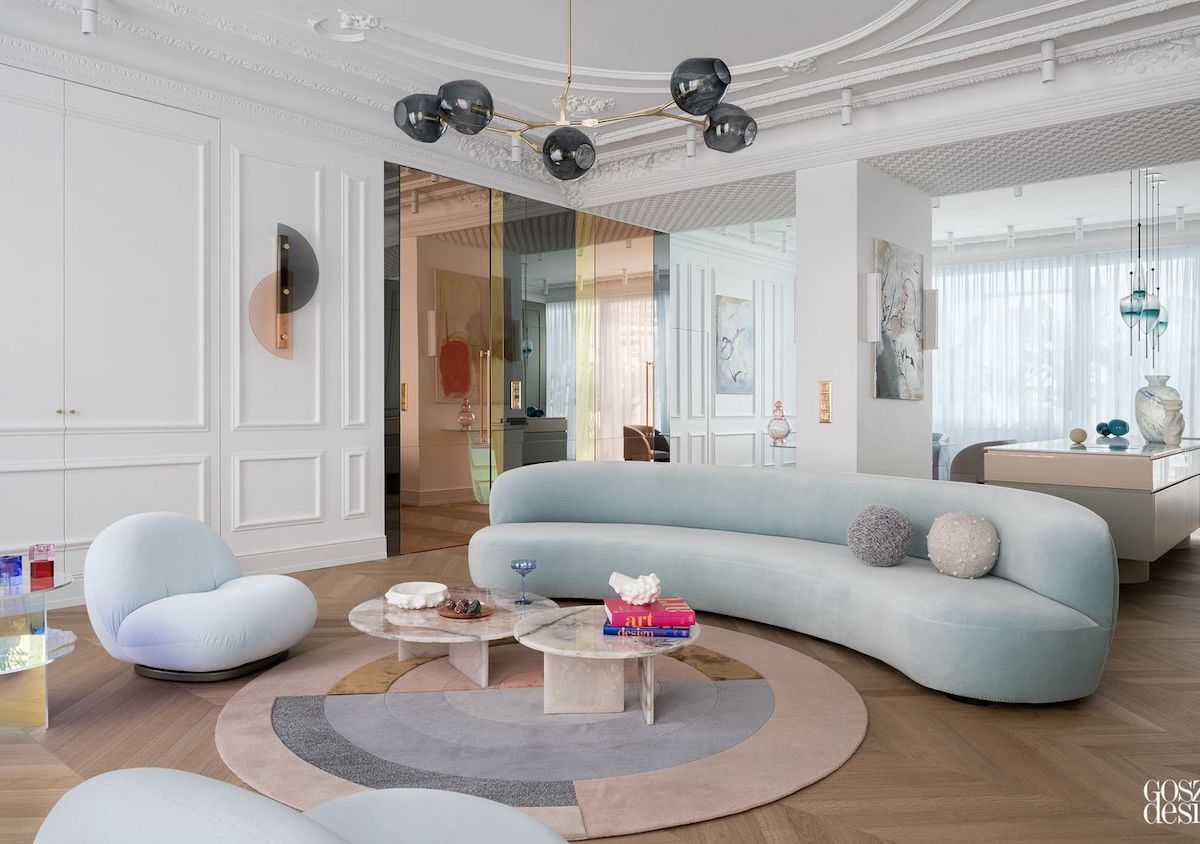 Pastel Blue curved sofa living room ideas goszczdesign