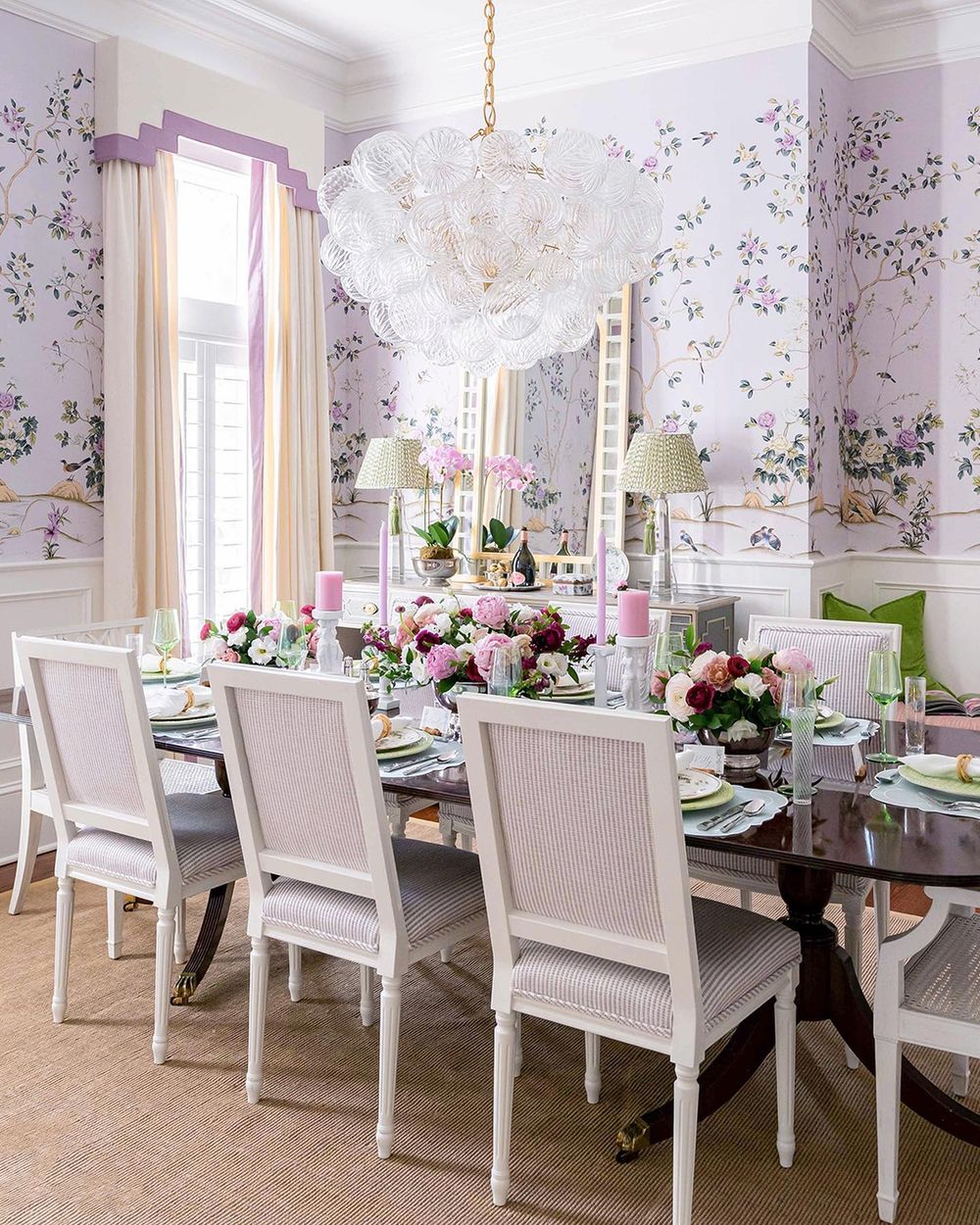 Purple dining rooms lavender floral wallpaper @gracefrederickdesign