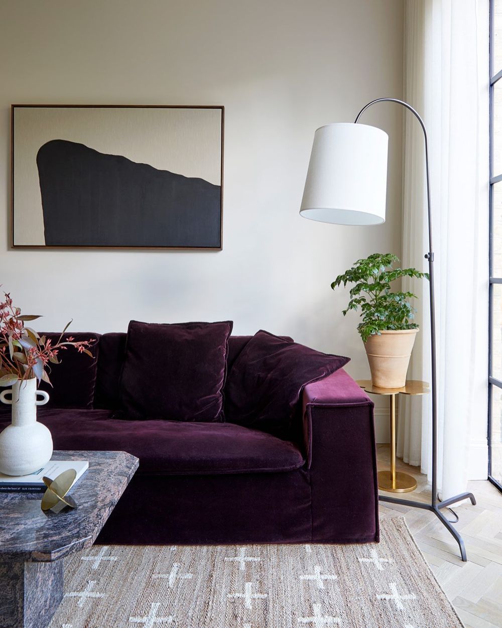 Purple sofa Plum velvet @anewday_interiordesign