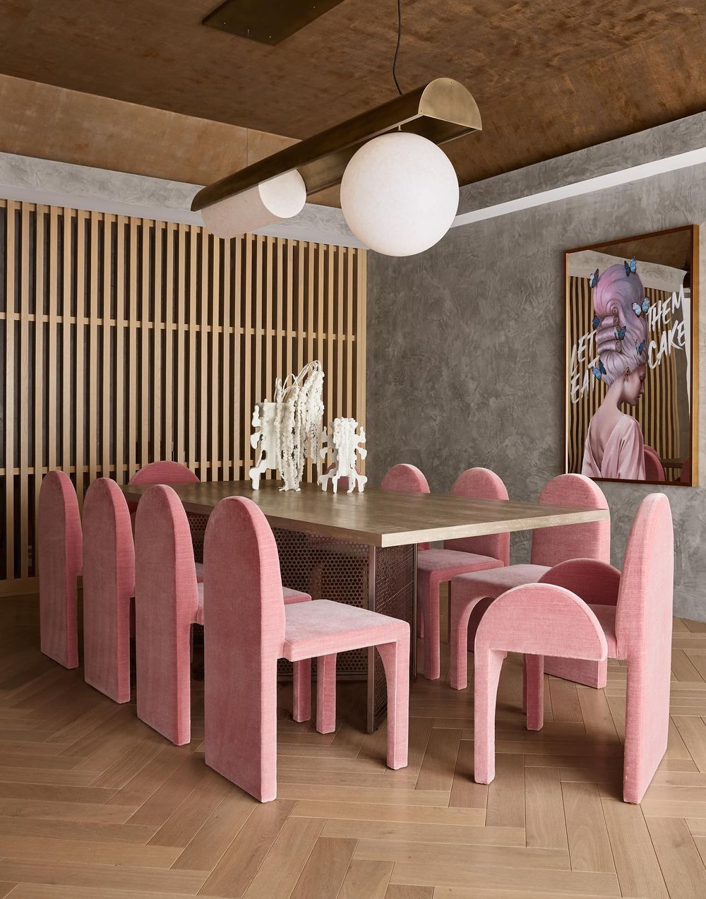 Slatted wall ideas dining room pink chairs widellboschetti