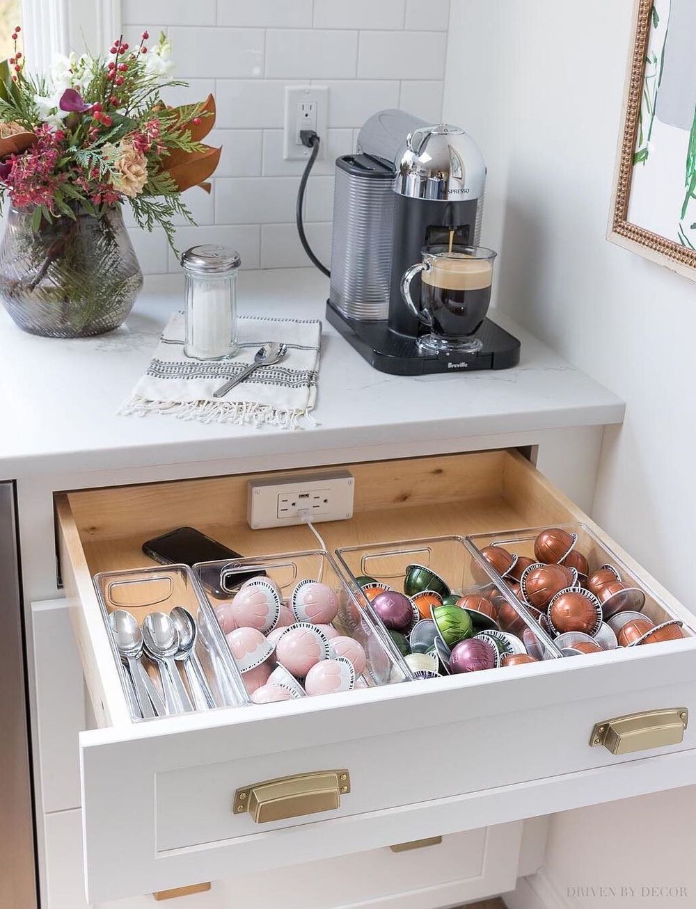 Coffee station organization ideas Capsule trays in drawer storage