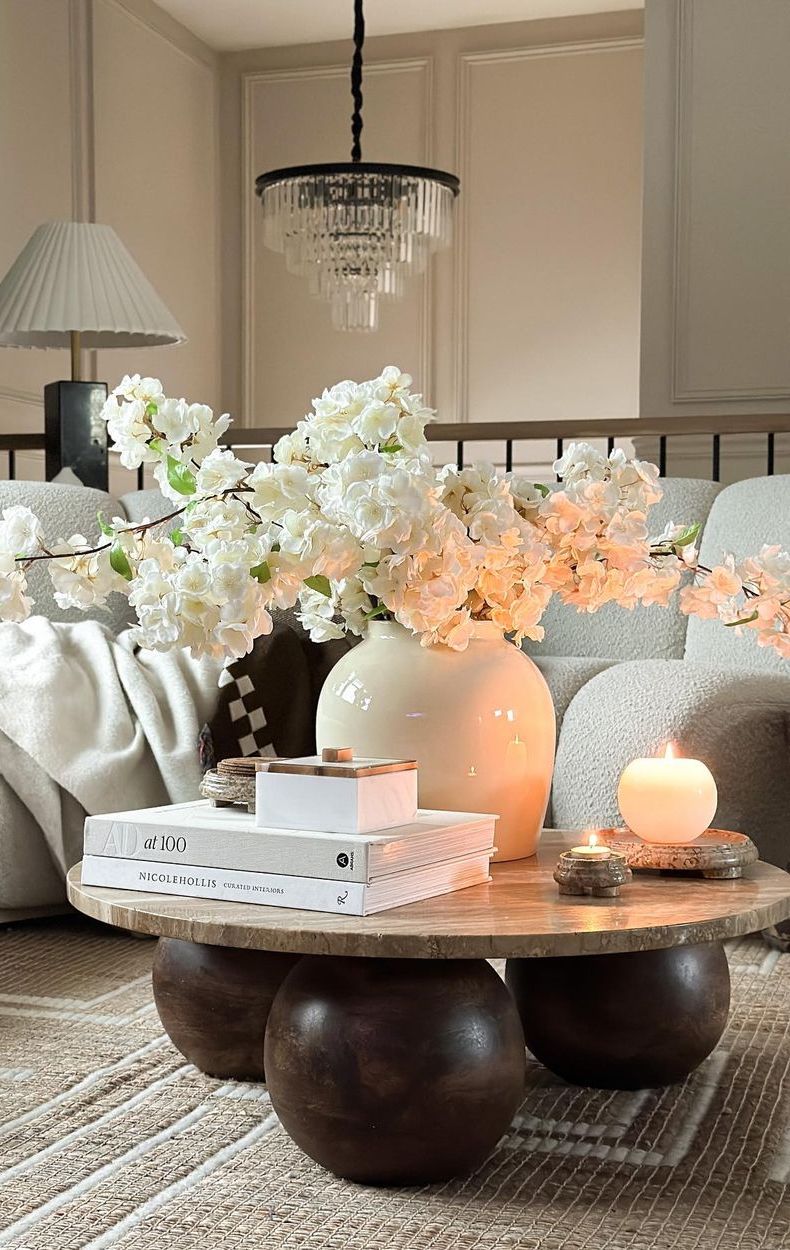 Coffee table decor ideas Flowers and candle