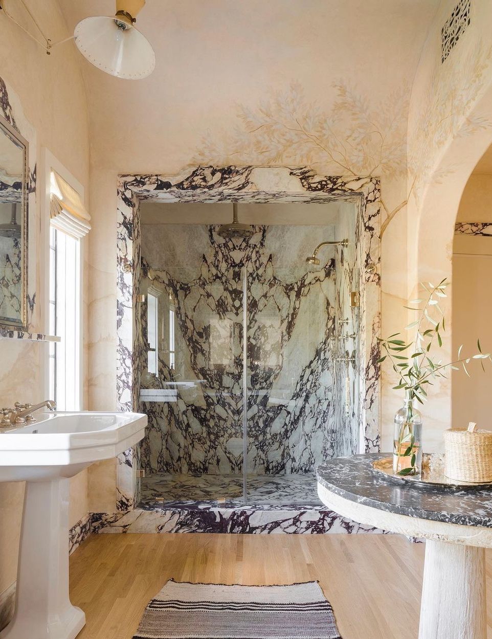 Shower ideas Painted wall mural marble trim