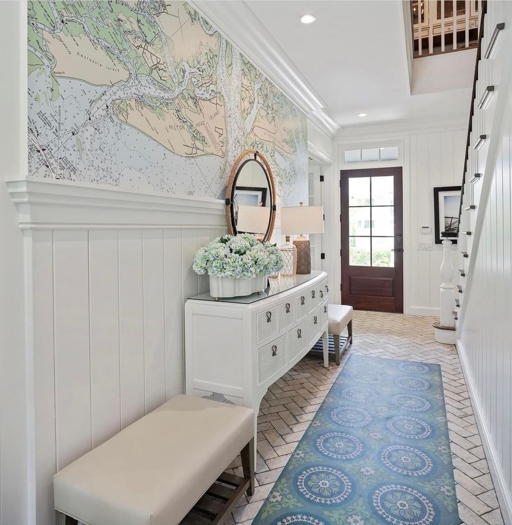 Beach home entryway vintage map wallpaper