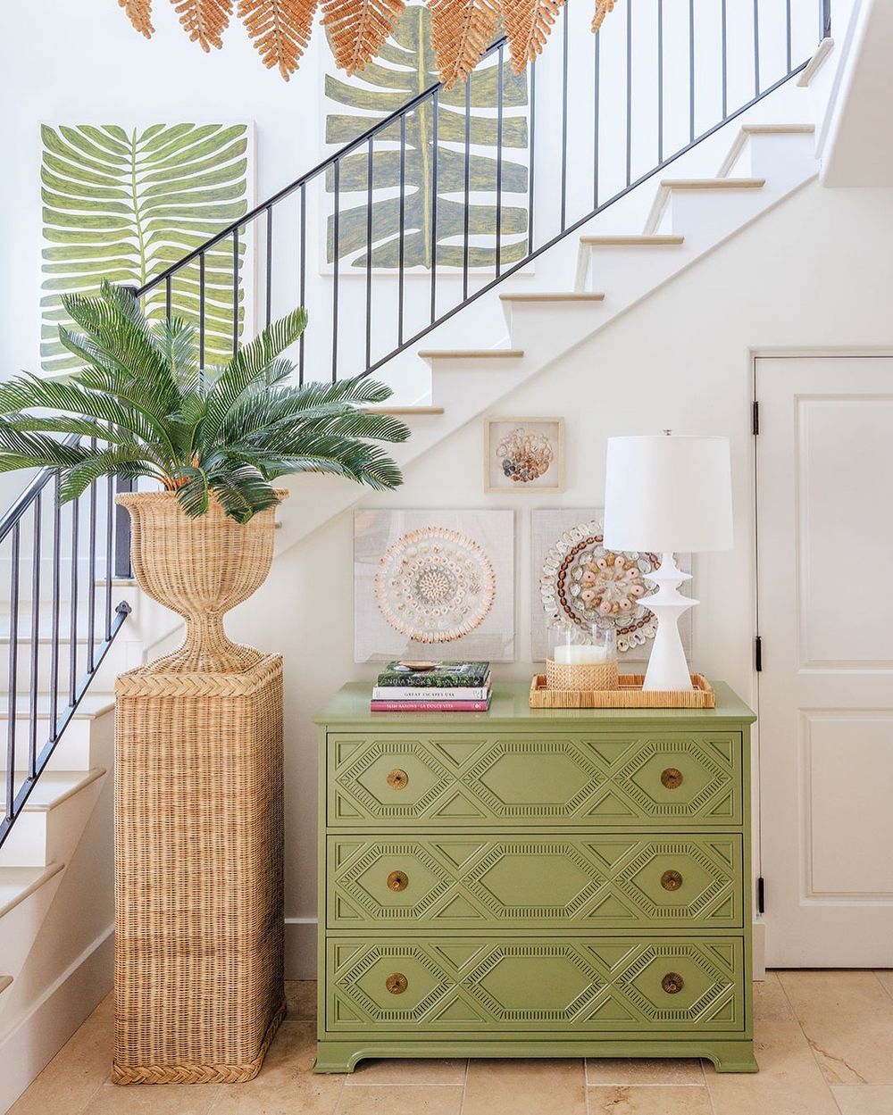 Beach home entryway rattan furniture @amyadamsdesigns