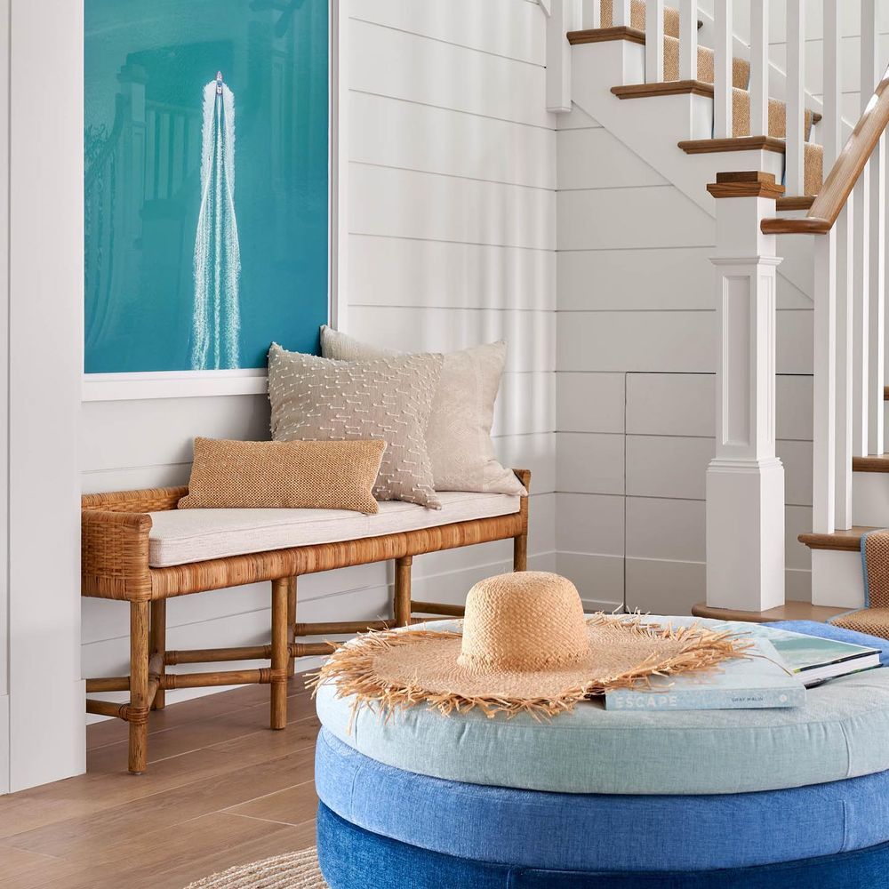 Beach home entryway with ottoman stephaniekrausdesigns