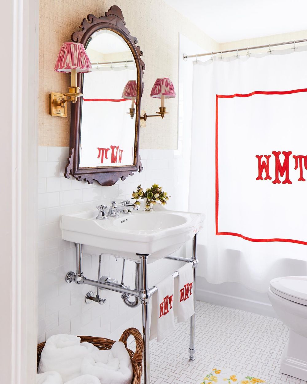 Preppy bathroom interior design Monogram shower curtain whitneymcgregor