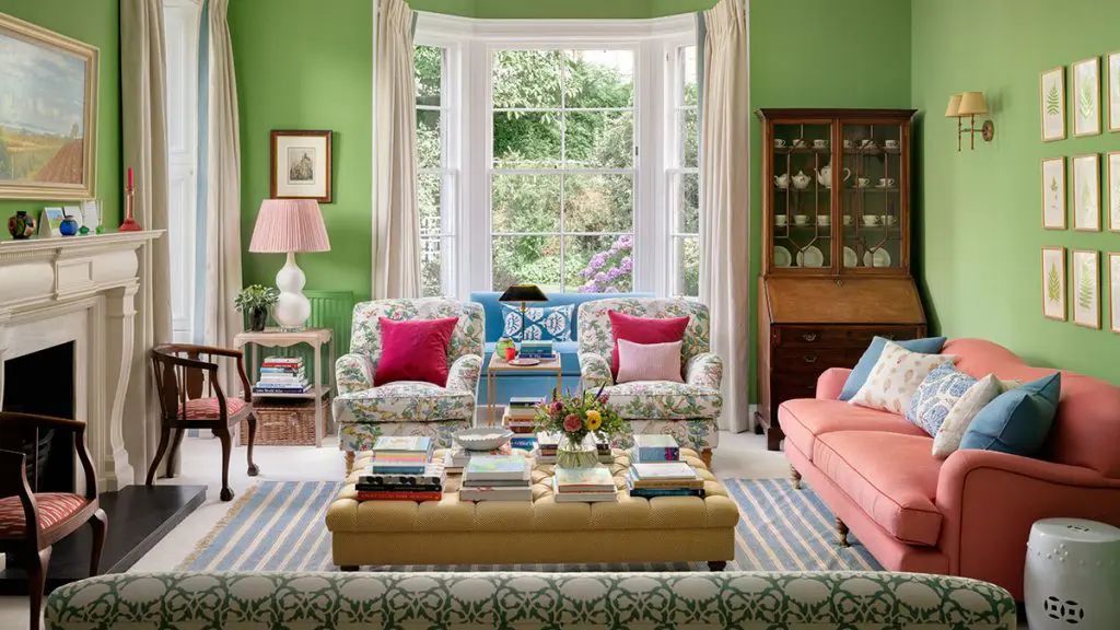 Preppy living room green walls