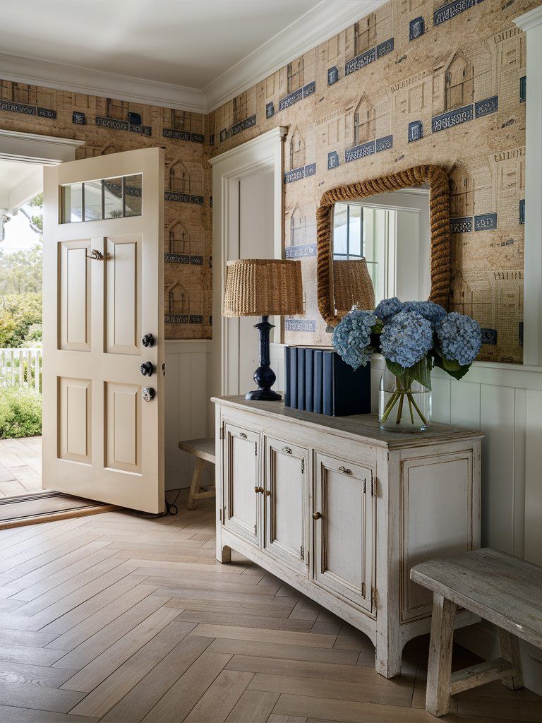 traditional New England Beach home entryway with a vintage style Nantucket area wallpaper on the wall concept