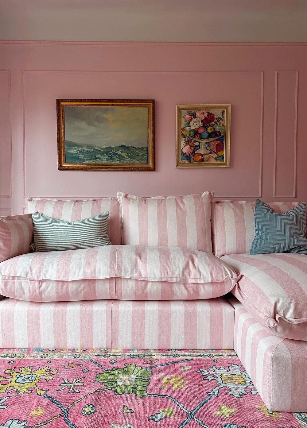 English pink living room with striped sofa via thehousethatcolourbuilt