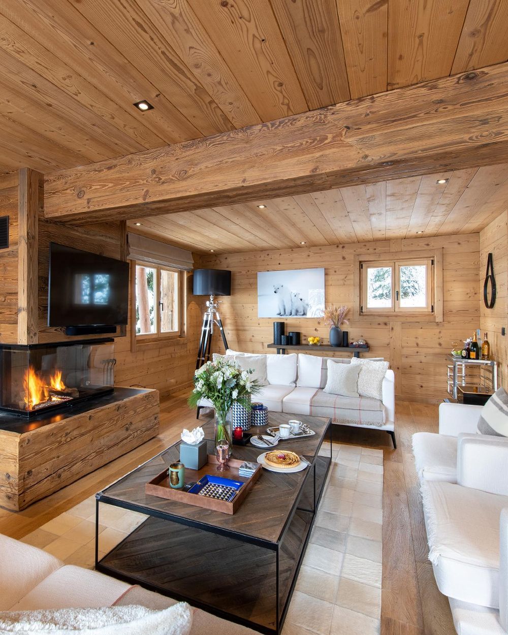 Ski Chalet Living Room Apline Wood Floors Walls Ceilings 