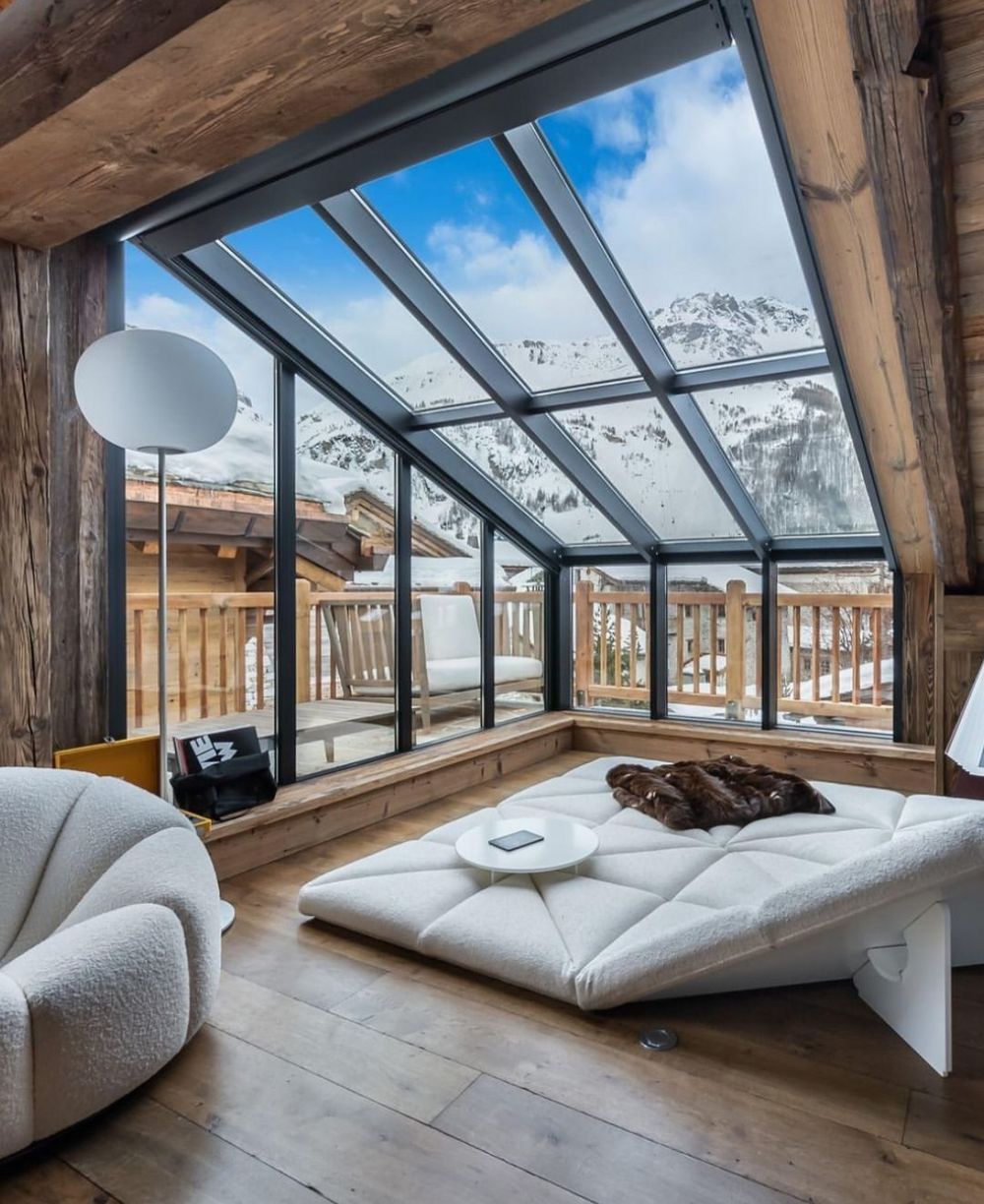 Ski Chalet Living Room Design sky windows